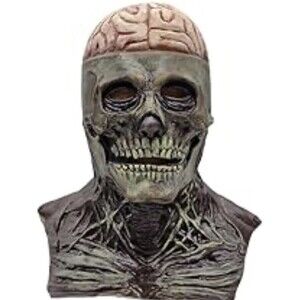 17” Skeleton Halloween Exposed Brains Mask Skull Full Head & Neck Horror Prop